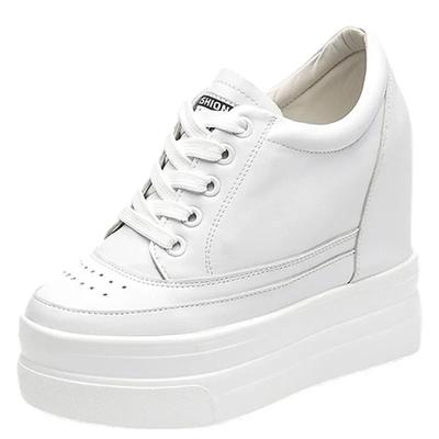 Ukryty Obcas 11CM Koturny Buty Kobiety Platforma Skóra Naturalna Buty Kobieta Białe Sznurowane Gruba Podeszwa Trampki Czarne