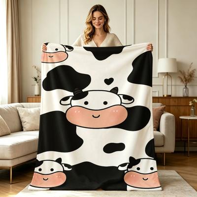 Soft Cozy Flannel Throw Blanket Cute Cartoon Cow Print All Season Warm Lightweight Decorative Blanket for Sofa Couch Bedroom Living Room Office Home D