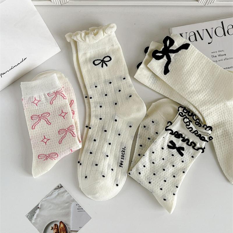 4 Pairs Women Bow Patterned Medium Length Socks Summer Lightweight Sweat Absorbing Breathable Soft Comfortable Casual Socks