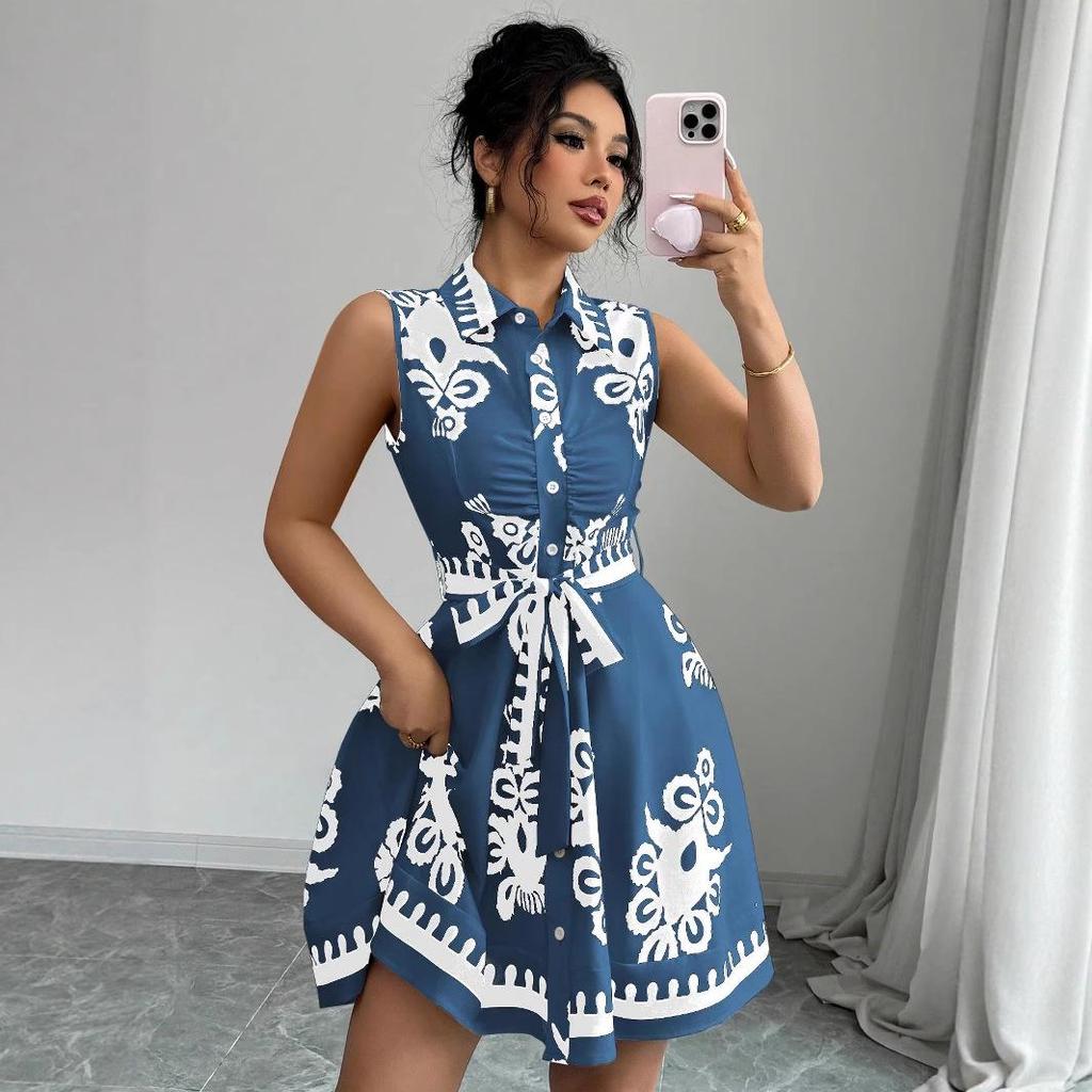 European & American Women's Summer 2025 Sleeveless Lace-up Waist-cinching Printed Dress