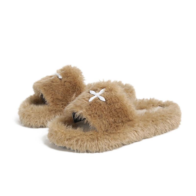 Spot Velvet Thick Bottom Flat Bottom One Word Large Size Fairy Fluffy Slippers Outer Wear Female Spring and Autumn 2025 New Models