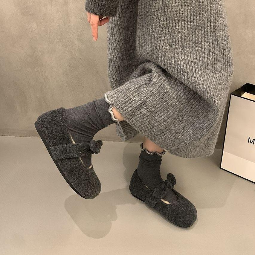 

Сладкие и милые туфли Мэри Джейн с пушком женские зима 2025 новые сказочные серые одинарные туфли бархатные теплые хлопковые туфли 40 темно-серого