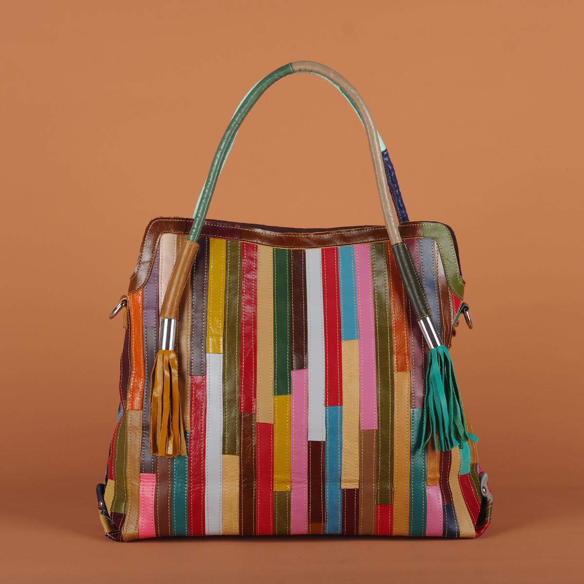 

Сумка из натуральной кожи с кисточками для женщин, повседневная сумка через плечо с разноцветными полосками случайного контрастного цвета в этническом стиле