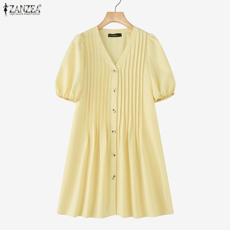 ZANZEA Women Casual V-Neck Loose Summer Half Sleeve Dress