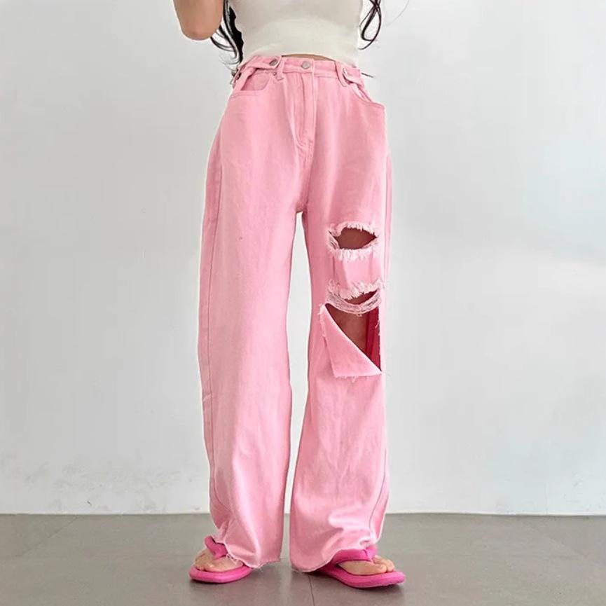 

Рваные джинсы широкие брюки, Повседневные брюки с высокой посадкой и прямыми штанинами M розовый
