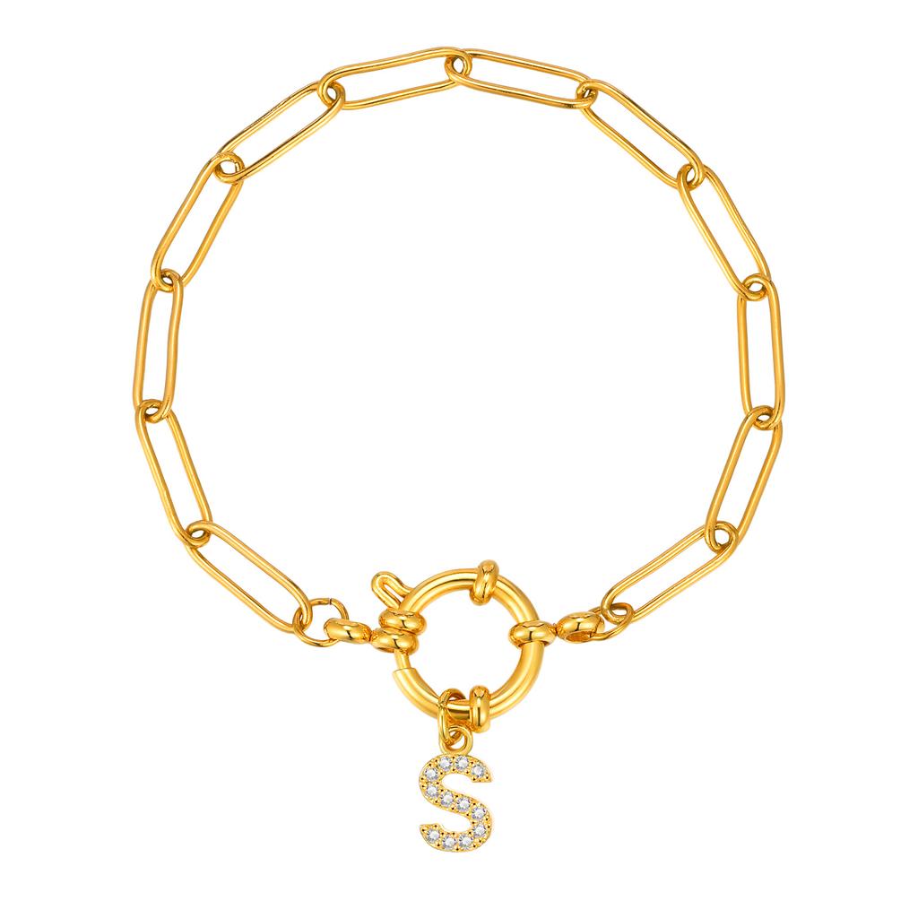 Bubble Buckle Zircon Initial A-Z Charm Bracelet, Stainless Steel Square Chain Bracelet for Women, 26 Letters Alphabet Jewelry
