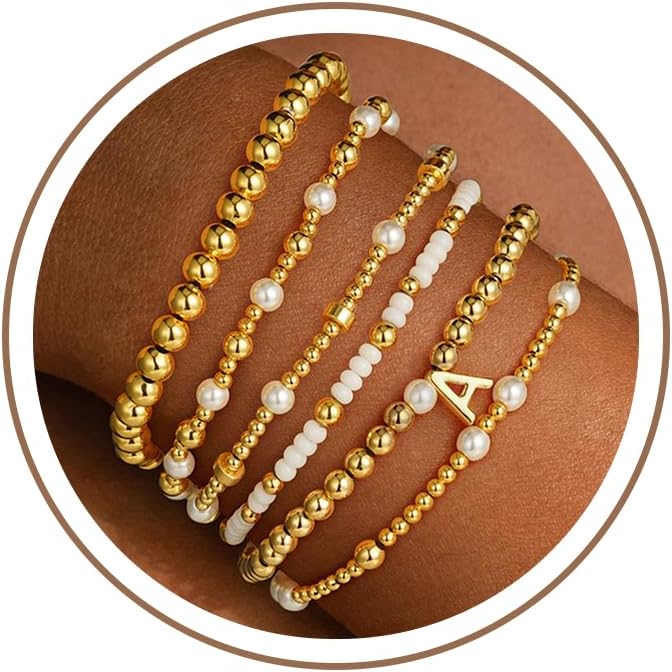 Turandoss 18K Gold Plated Beaded Stretch Initial Bracelet for Women Gifts