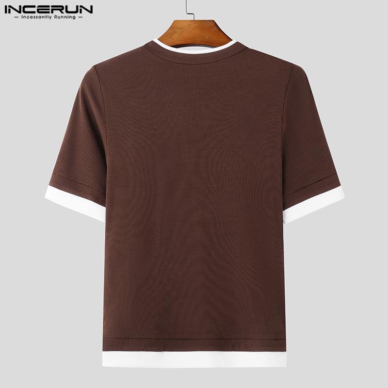 INCERUN Summer Men O Neck Short Sleeve Stitching Rib Skinny Tops T-shirts