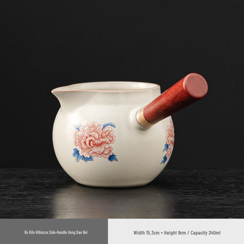 Elegant Ru Kiln Hibiscus Teapot Set: Includes Beige Side-Handle Pot, Lid, Bowl, Filter Screen, Tea Wash Pitcher, Gong Dao Bei for Gongfu Tea.