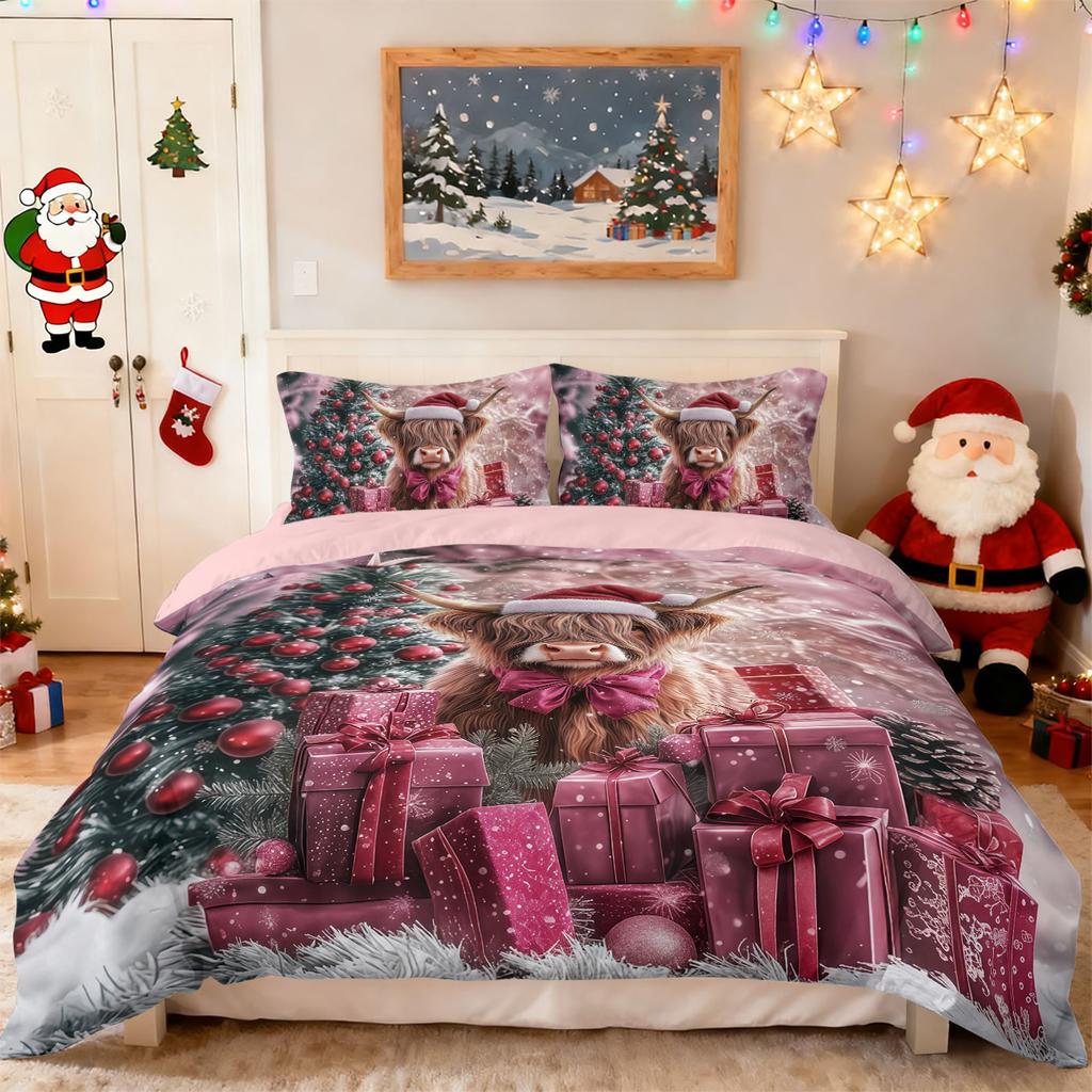 3-teiliges Rotes Weihnachten Hochlandkuh Geschenk Druck Kernloses Bettwäscheset Weiches Wohnheim Schlafzimmer Mehrere Größen Maschinenwaschbar