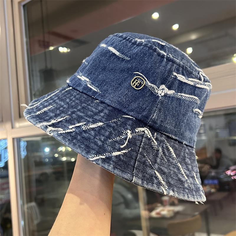 

Винтажная джинсовая панама женская ретро с широкими полями, маленькая шляпка, простая универсальная, солнцезащитная, панама-ведро, тренд adult (56-58cm) темно-синий