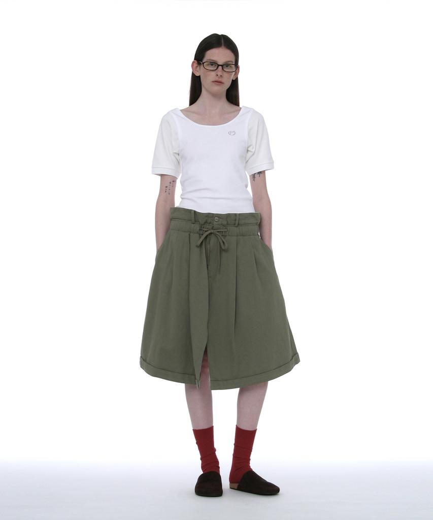 PARTIMENTO WOMEN Foldover Waist Midi Skirt_Khaki Green