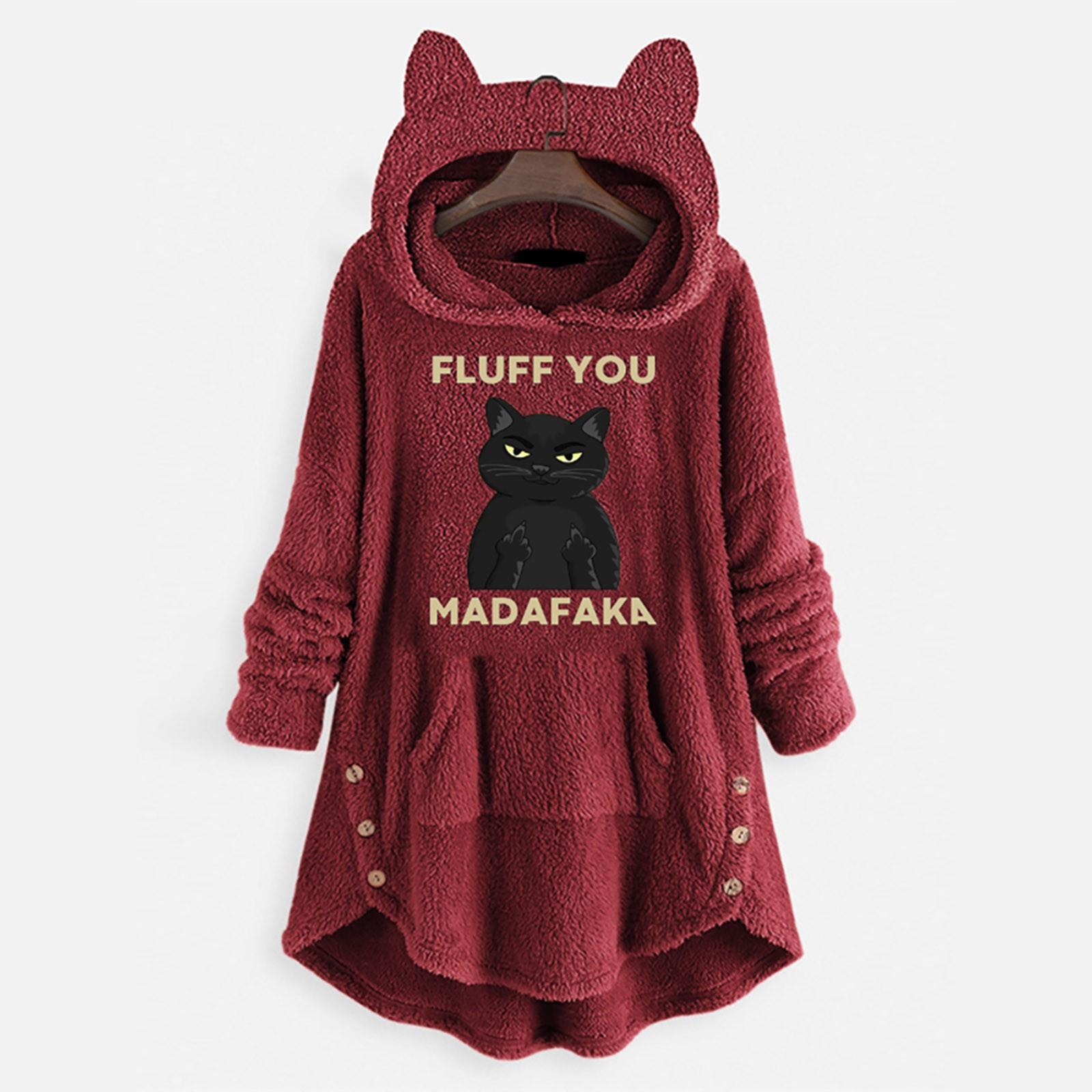 

Women s Winter Casual Fashion Loose Bear Ears Plush Print Hooded Irregular Sweater S винний