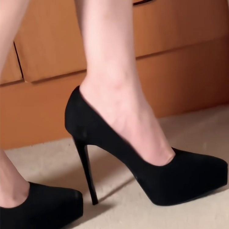 Waterproof table high heels women's shallow mouth pointed head European and American super high heel suede black women's single shoes