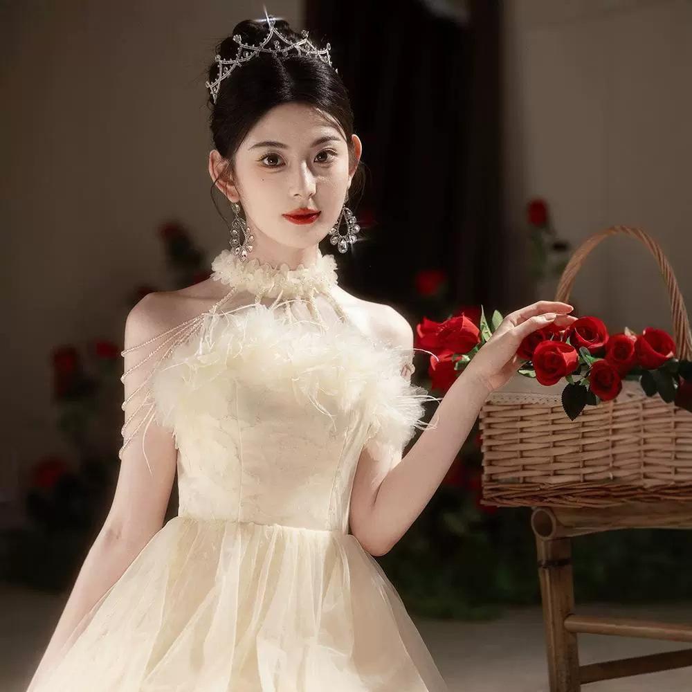Champagne evening dress skirt banquet 1011 new temperament long host light luxury engagement Mori fairy dress