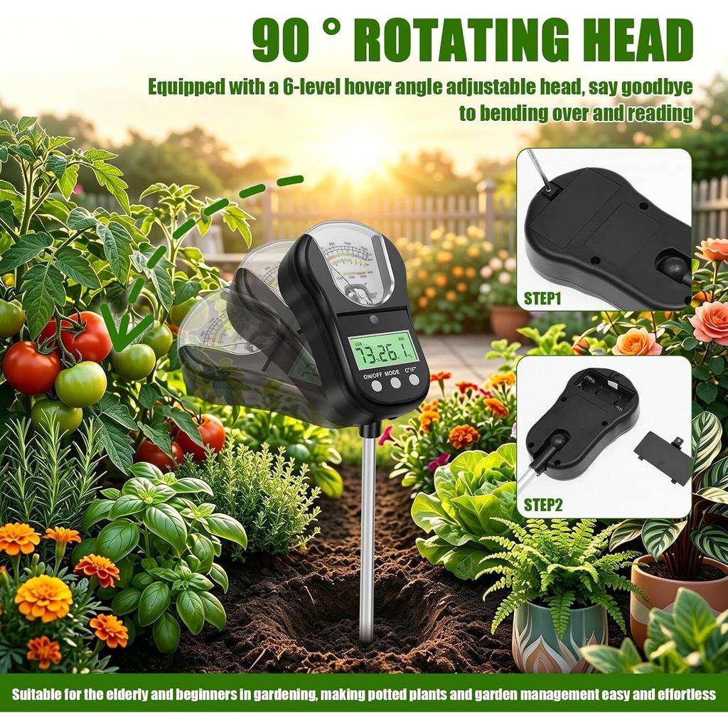 Portable 7-in-1 Soil Moisture Meter, Dual Display Plant Tester with 90° Adjustable Head, Measures Moisture/pH/Fertility/Light/Soil & Air Temp/Humidity