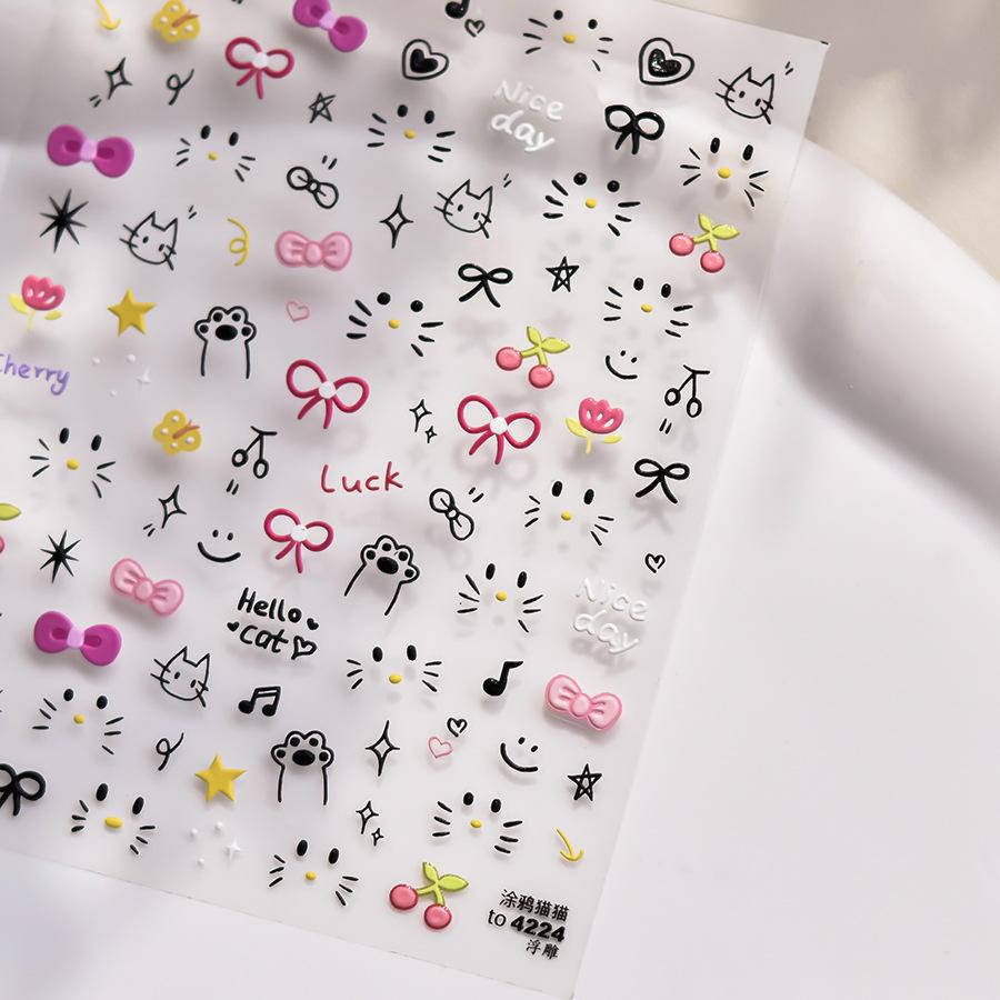 1pcs Cute Graffiti Lines Nail Art Stickers 5D Embossed Butterfly Rabbit Nail Art Accessory Stickers Self Adhesive Decal