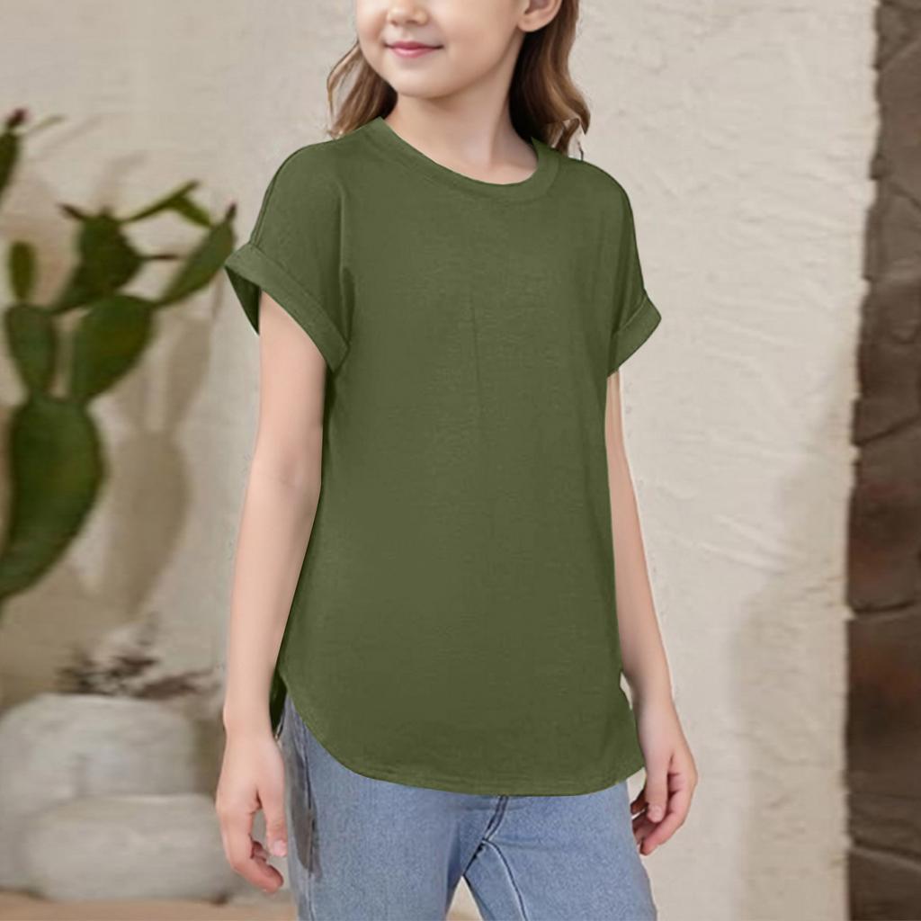 Girls Short Sleeve T Shirts Kids Crewneck Curve Summer Tees Hem Tops Sleeve T Shirts