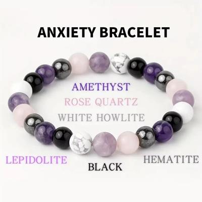 Stress Relief Bracelet Amethyst Black Tourmaline Clear Quartz Hematite Lepidolite Rose Quartz and White 8mm Round Crystal