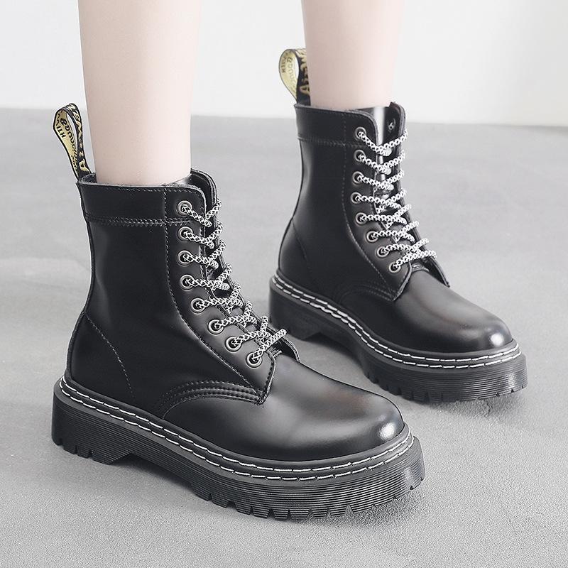 Martin Boots Women's Hard Leather Black Splicing Short Boots Men's and Women's Glossy Leather Boots Round Head Tooling Shoes