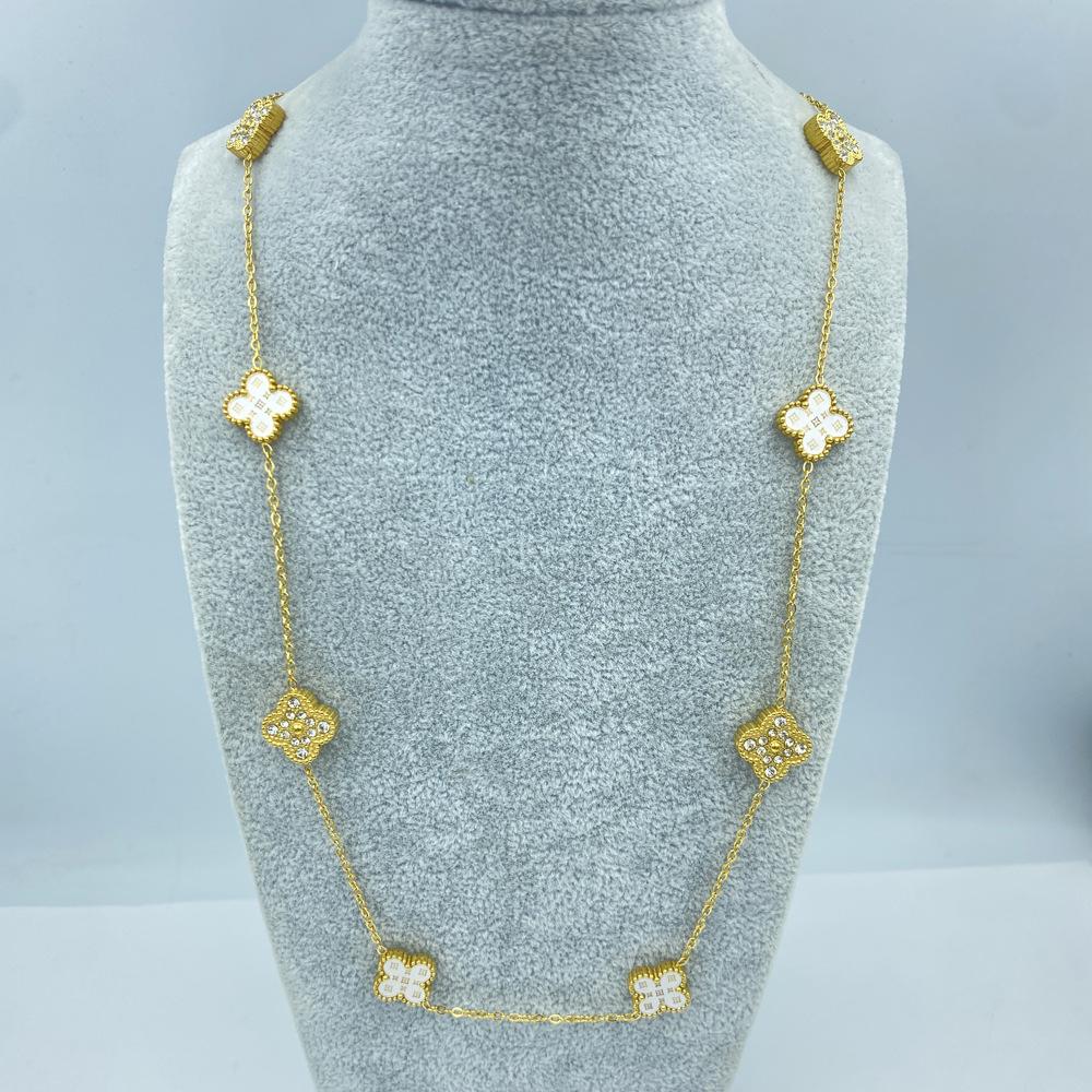 Acier Titane 13MM 60+5CM 10 Fleurs Double Face Trèfle à Quatre Feuilles Porte-Bonheur Collier pour Dames