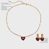High-Grade Wine Red Heart Necklace & Earrings - Copper Plated, Real Gold, Simple Hong Kong Style Clavicle Chain