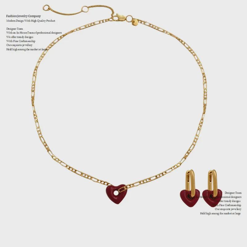 High-Grade Wine Red Heart Necklace & Earrings - Copper Plated, Real Gold, Simple Hong Kong Style Clavicle Chain