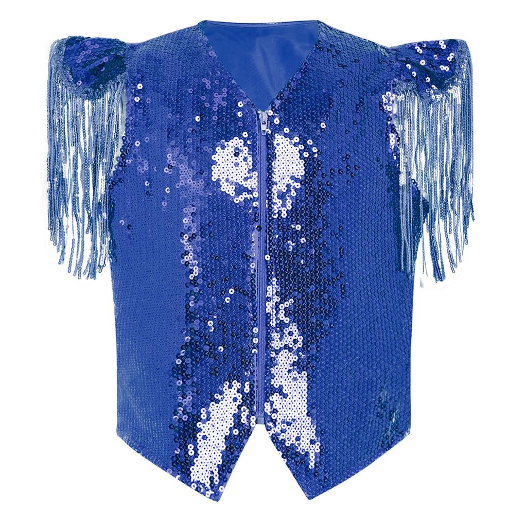 Boys Sequined Patchwork Vest Tassels Cap Sleeves V Neckline Stage Performance Waistcoat