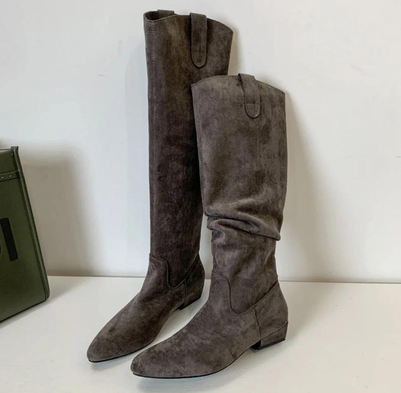 

Women s High Boots Pointed Toe Square Heel Suede Roman Style Brown Knee-high Boots Women s Casual Low Heel Versatile Botas Mujer 35 серый