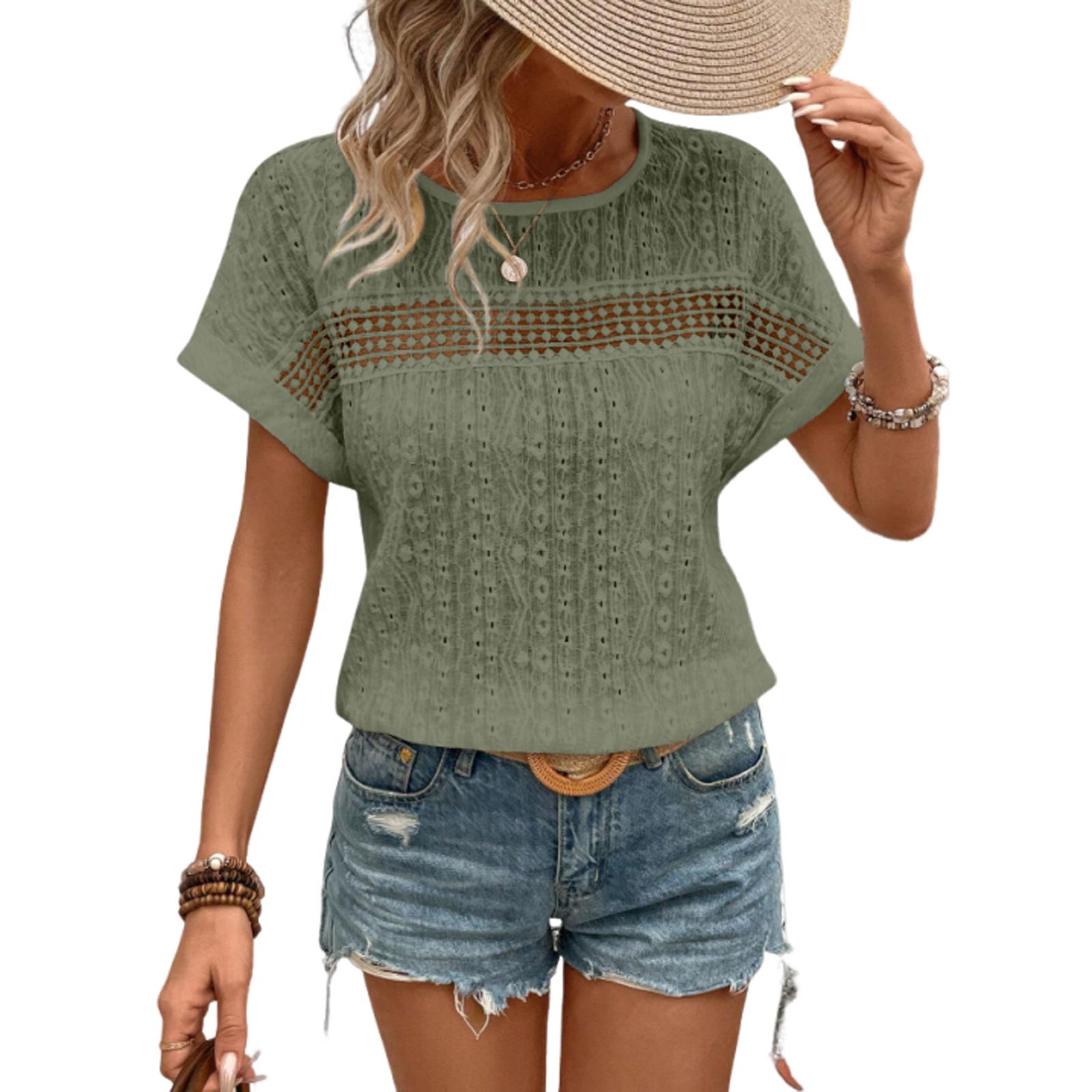 

Жіноча мода Кежуал Весна/Літо Мереживна вирізка Круглий виріз Рукав летюча миша Футболка L армія зелений колір