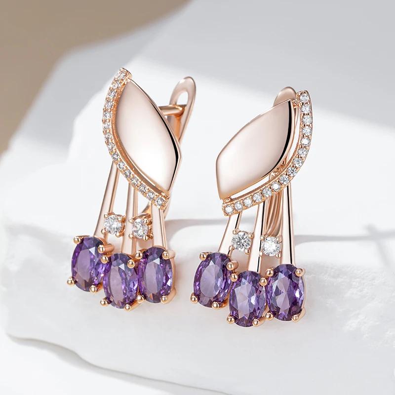 Oval Purple Zircon Geometric Design Drop Earrings for Women Glossy Golden Unique Earrings Accessories Party Daily Personality Jewelry