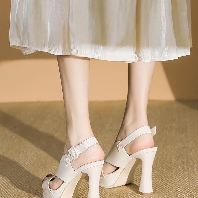 2025 Summer New Roman Women's Shoes Color Matching Hollow One-word Buckle High Heels Women's Thick Heel Waterproof Table Sandals