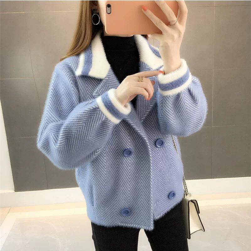 Women Imitation Mink Velvet Cardigan Sweater Coat Short Women Fuzzy Sweater Lantern Sleeve Casual Sweater Knitted Mohair Cardigan Jacket Outwear