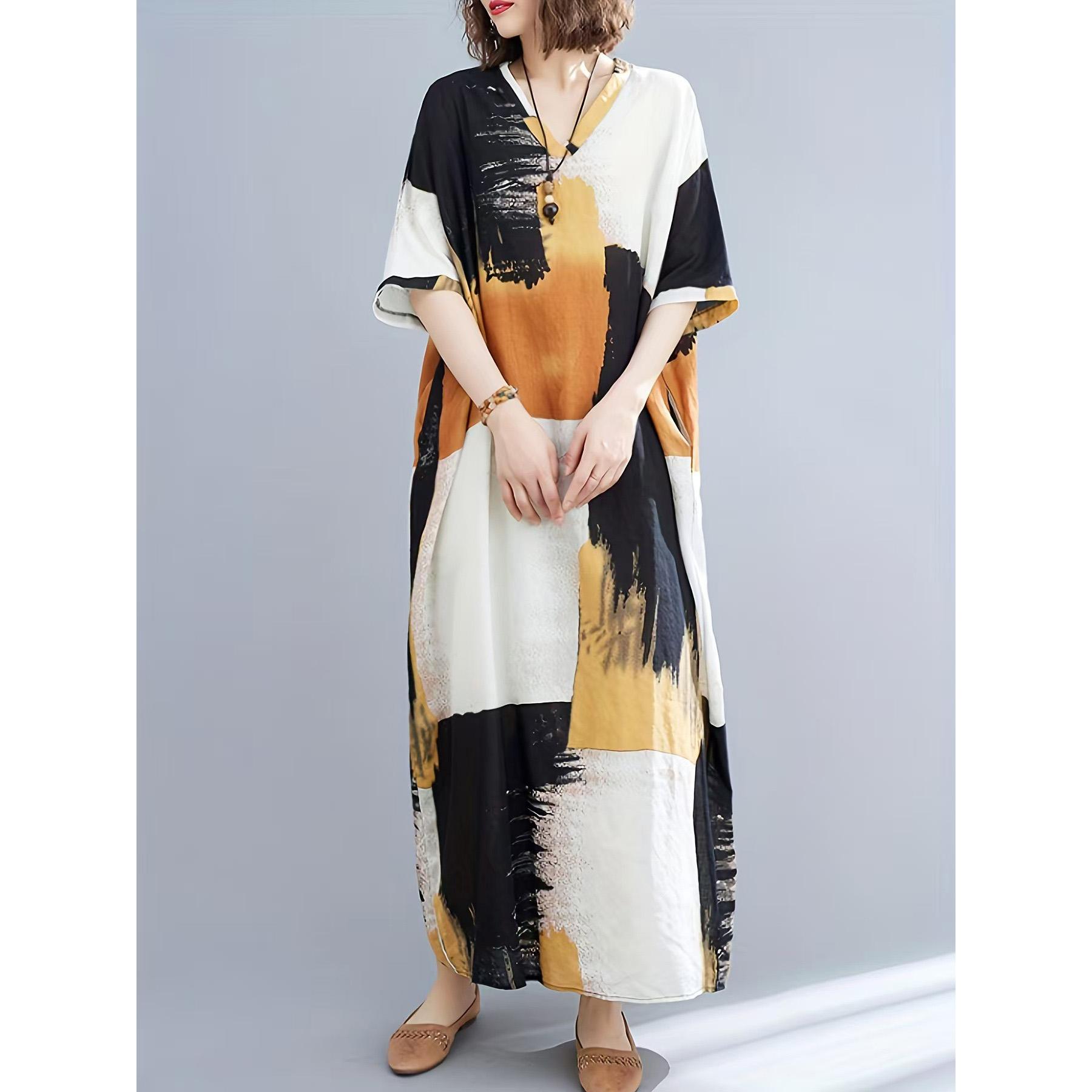 

Женское летнее платье макси с V-образным вырезом, рукавом до локтя, большого размера, с принтом, длинное пляжное платье One Size