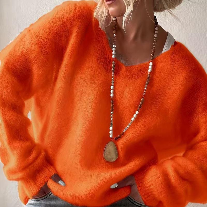 Europäischer und amerikanischer weicher klebriger V-Ausschnitt Langarm-Pullover Damen Herbst und Winter Pullover einfarbig fauler Stil lockerer Strickpullover Top