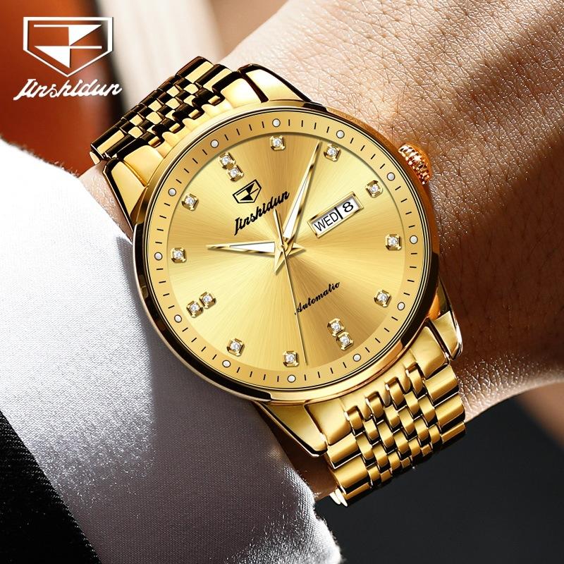 

Брендовые часы JINSHIDUN, деловые механические часы с бриллиантовым циферблатом и двойным календарем, водонепроницаемые деловые мужские часы, мужские часы
