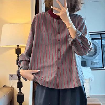 Kontrast Şeritli Yaka Eklenmiş Gömlek Sonbahar Yeni Moda Retro Evergrande Uzun Kollu Kadın