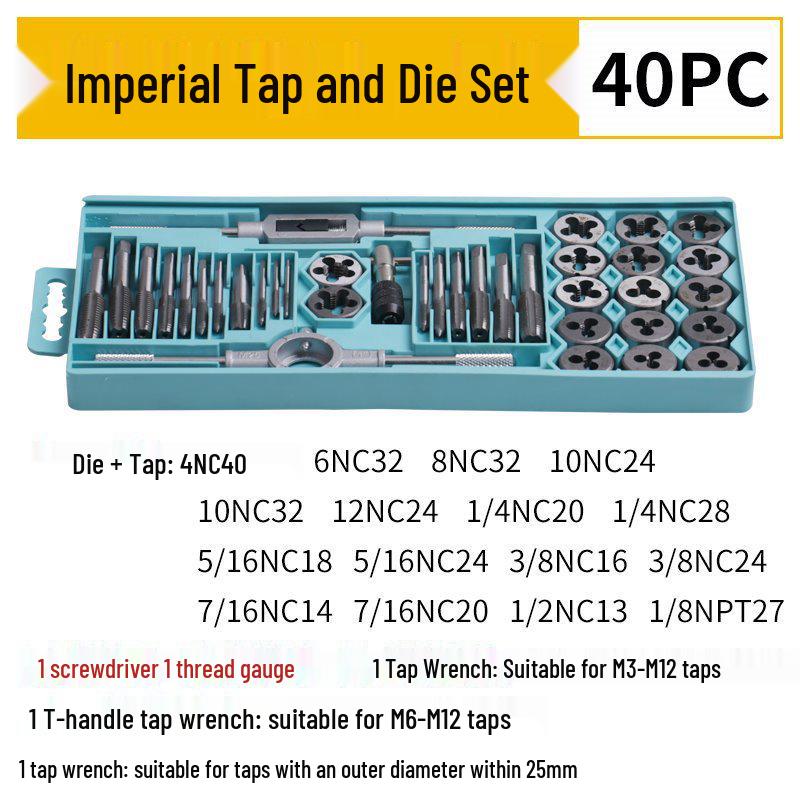 High-Speed Steel Taps & Dies Set: 5, 6, 7, 9-Piece with Tap Wrench and Threading Drill Bits.