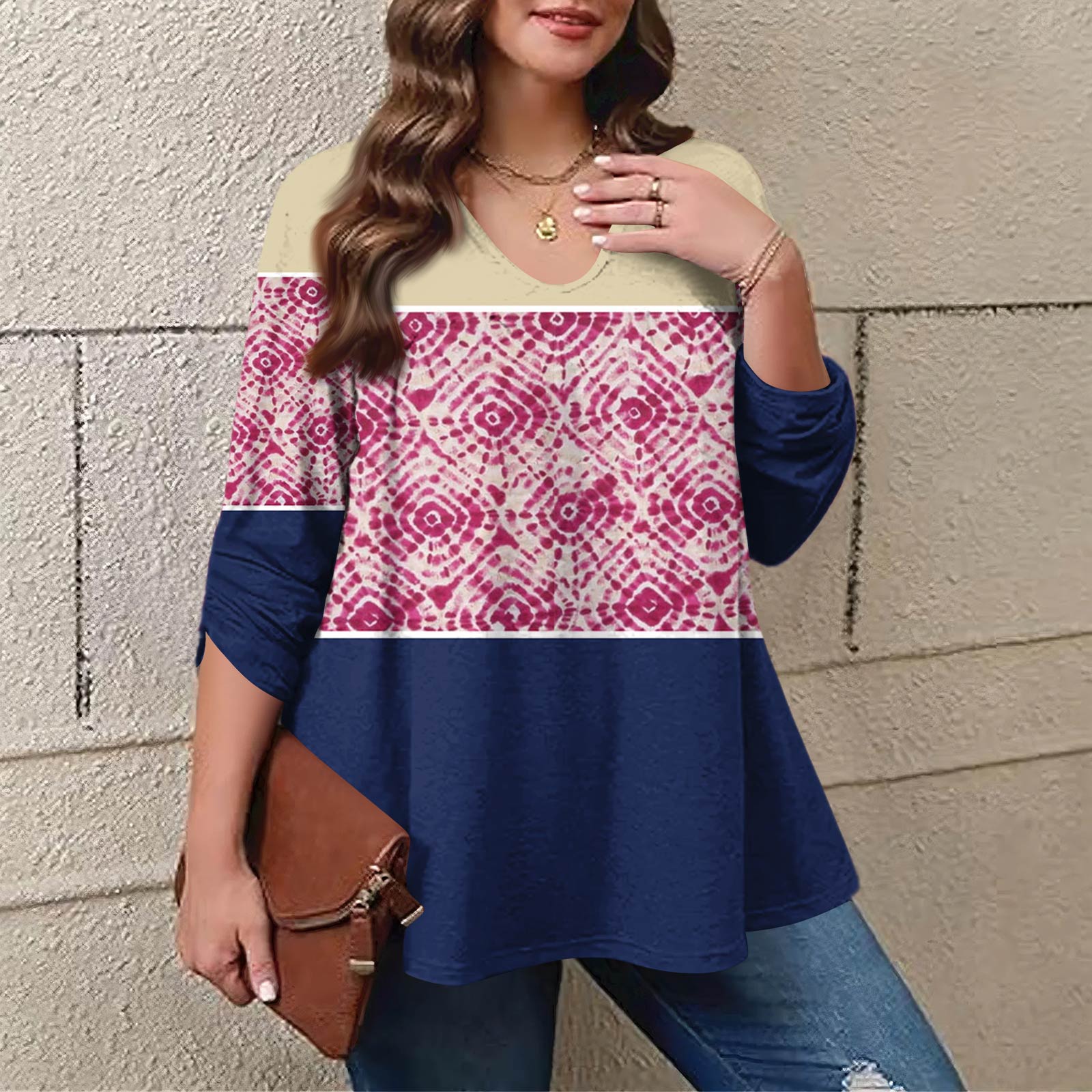 

Women s Plus Size Fashion Printed Casual Pleated Round Neck Long Sleeve Top XXL