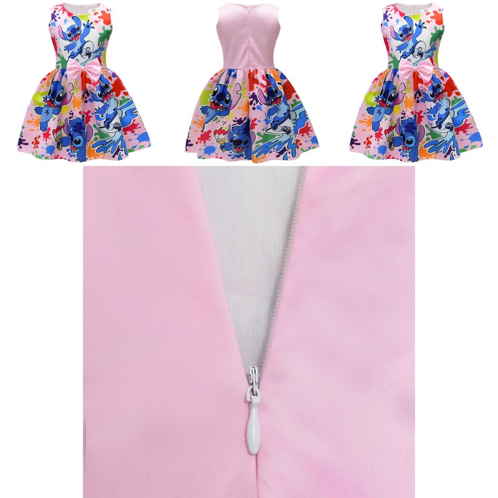 Vestido de Menina Lilo Stitch Com Laço de Borboleta Poliéster Algodão Para Primavera Outono Brincadeiras