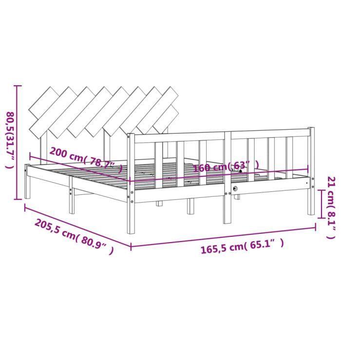 VidaXL Cadre de lit avec tête de lit 160x200 cm bois massif 3193476