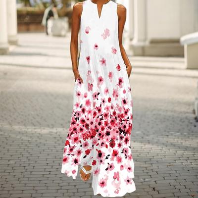 Summer Women Maxi Dress Flower Printing A-line Loose Sleeveless Long Dress with Pockets