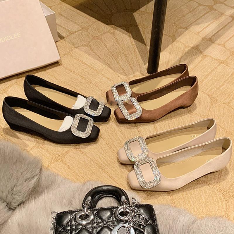 Rhinestone square buckle small square head satin shallow mouth inner height increase single shoes women's spring new commuter shoes