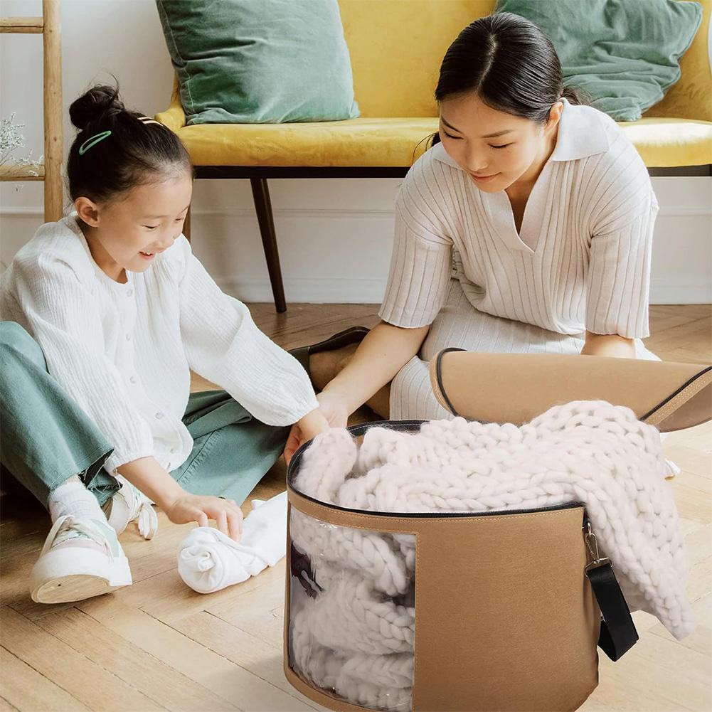 Hat Clothes Storage Bin -Handle & Shoulder Strap Round Cowboy Hat Box Foldable Hat Organizer Bag for Travel and Closet Storage