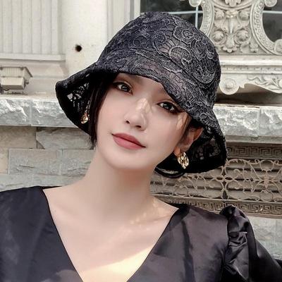 Women's Lace Flower Fisherman Hat Thin Hollow Summer Sunshade Fashionable Breathable Black Retro Sun Protection Hat
