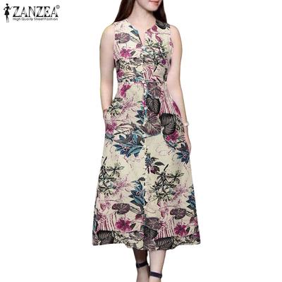 Women Casual V-Neck Floral Print Sleeveless Cotton Dress