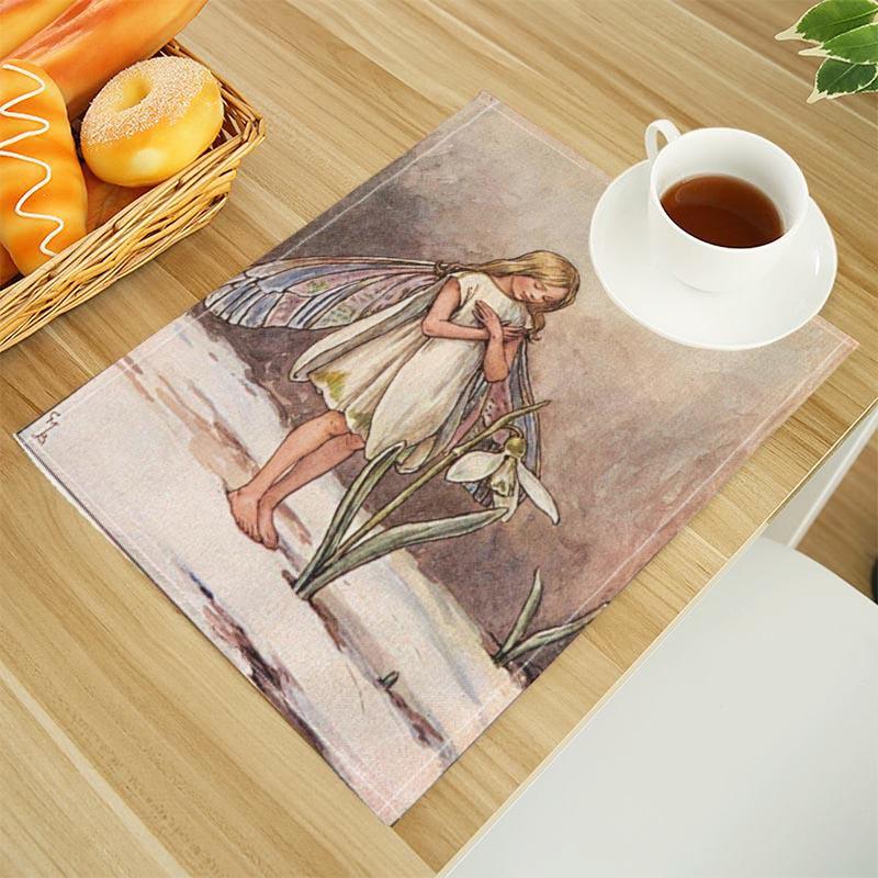 The Fairies Of The Winter Print Linen Dining Table Mats Alphabet Kitchen Placemat 30X45cm Coasters Pads Bowl Cup Mat