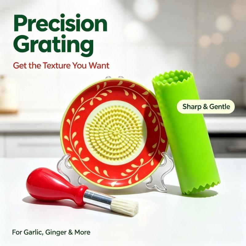 Garlic Grater Plate Set in Ceramic with Peeler, Brush and Fine Teeth for Cooking Tasks, Table Service and Meal Work