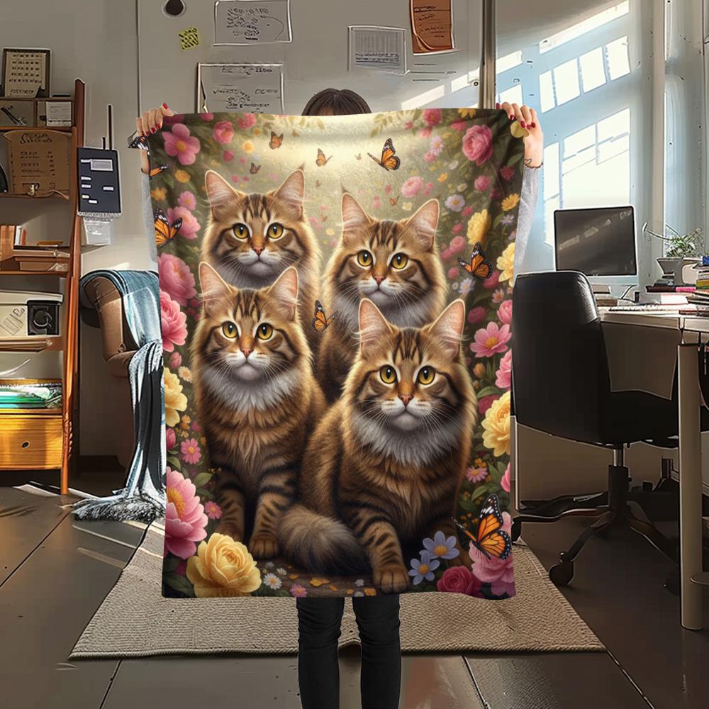 1PC Cat Print Flannel Blanket, High quality Comfortable for All Seasons, Home Decor, Warmth and Comfort