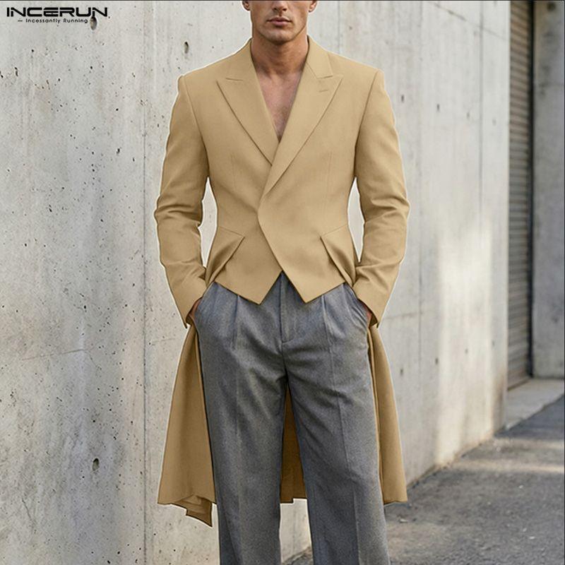 INCERUN Men Turn-down Collar Long Sleeve Irregular High Low Splits Ruffled Thin Blazer Coats